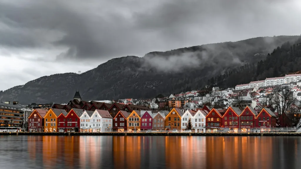 Coloured wooden houses along a harbour
